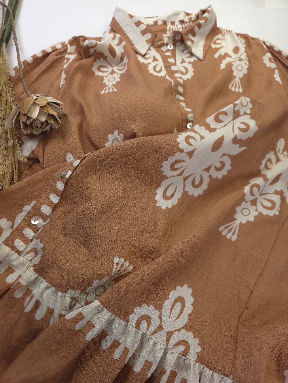 Umgee Camel Cream Floral Print Button-Front Women’s Dress Sz L - Picture 7 of 12